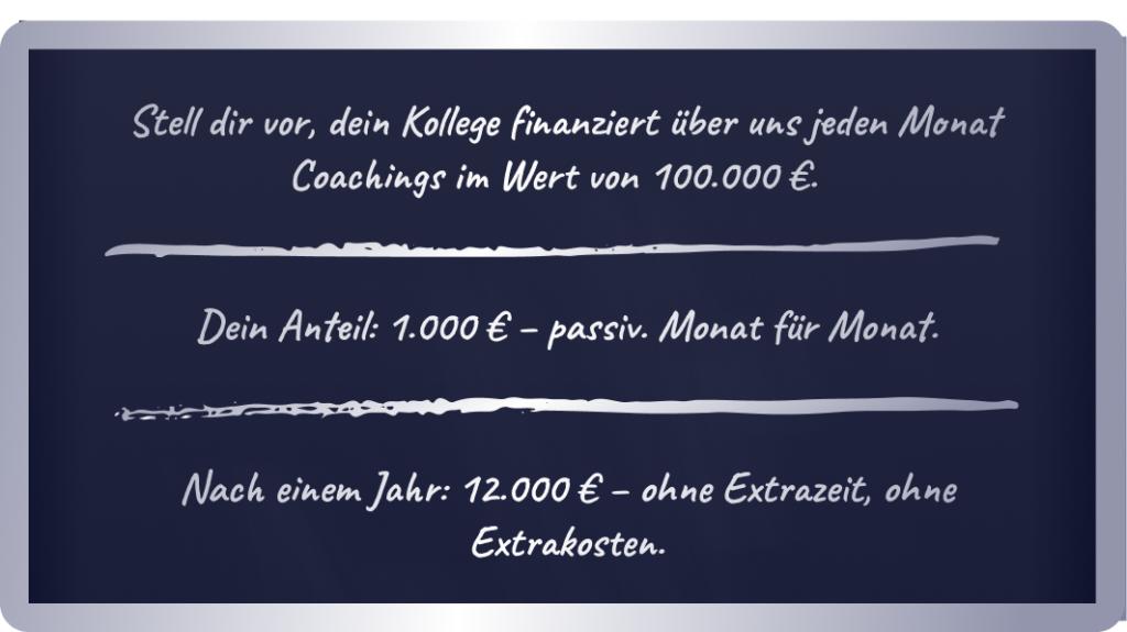 Du gibst eine Empfehlung für einen Coach ab. Empfiehlt dieser einen anderen Coach, bekommst du noch mehr auf dein Konto.